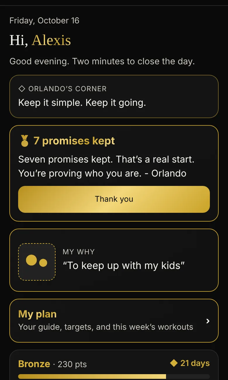 Aureum app Today screen with a daily note from Orlando